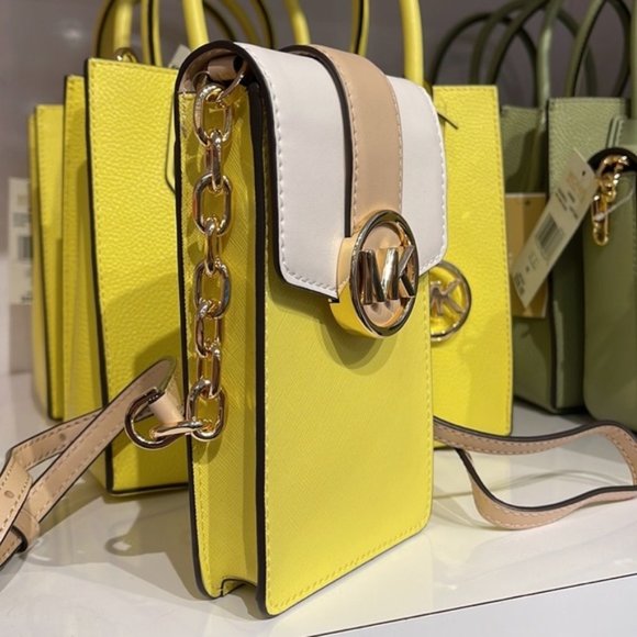 Michael Kors Carmen Small Color-Block Faux Leather Phone Crossbody Bag Sunshn - Picture 5 of 16